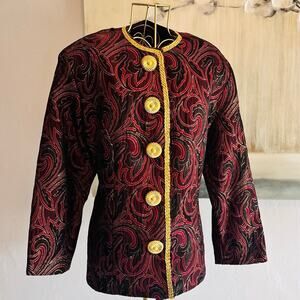 Handmade Brocade Jacket Burgundy Black Gold Metallic Buttons Statement Blazer